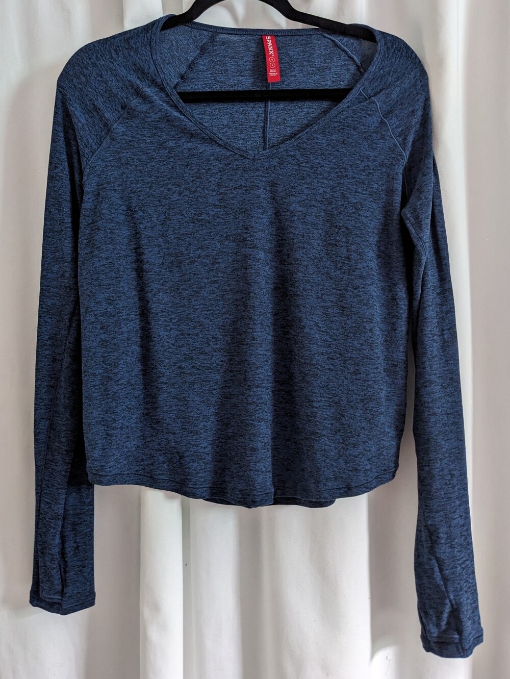 Spanx Womens V-Neck Long Sleeve Activewear Top Heather Navy Blue Size Small
